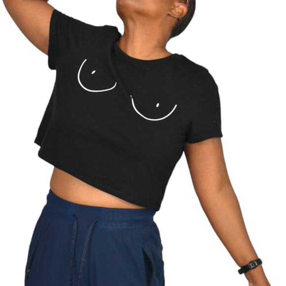 7 Day Wknd Boobs Crop Top Black Boobies Graphic Tee Cropped Cotton Shirt Small - Picture 8 of 13